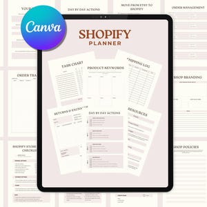 Plantilla de Canva para el Planificador de Negocios de Shopify, Lista de Verificación de Lanzamiento de Shopify, Planificador de Tienda Digital, Rastreador de Inventario de Ventas, Imprimible, Pequeñas Empresas