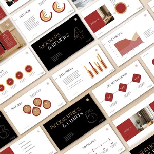 May include: A collection of presentation slides with a modern design. The slides feature a color scheme of red, white, and black, with various charts, graphs, and text layouts. The slides are labeled with titles such as "Mockups & Reviews" and "Infographics & Charts".
