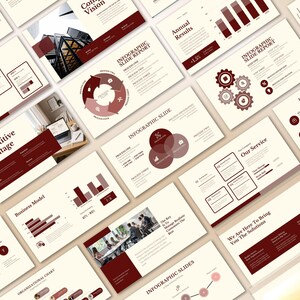 May include: A collection of business presentation slides with a cream background and burgundy accents. The slides feature charts, graphs, and text, including "Competitive Advantage," "Annual Results," and "Our Service." The overall theme is business and marketing.