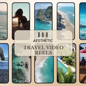 Könnte beinhalten: Eine Collage von 10 Smartphone-Bildschirmen mit Reisebildern. Die Bildschirme zeigen Strandszenen, Ozeanansichten und eine Person im Sonnenuntergang. Der Text-Overlay lautet "144 Aesthetic Travel Video Reels."