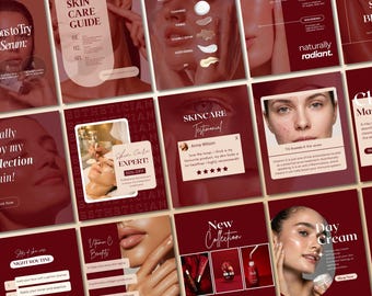 Plantillas de Canva para publicaciones e historias en redes sociales sobre cuidado de la piel en color granate. Kit de belleza para Instagram. Imagen de marca editable para spas estéticos y estudios de estética.