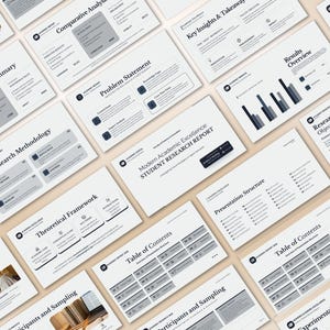 Peut inclure: Plusieurs diapositives de présentation blanches avec du texte et des graphiques bleu foncé. Les diapositives couvrent des sujets tels que la méthodologie de recherche, l'aperçu des résultats et la table des matières. La diapositive de titre indique "Modern Academic Excellence STUDENT RESEARCH REPORT."