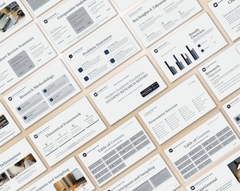 May include: A collection of white presentation slides with dark blue text and graphics. The slides cover topics such as research methodology, results overview, and table of contents. The title slide reads "Modern Academic Excellence STUDENT RESEARCH REPORT."