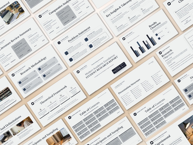 Puede incluir: Una colecci&oacute;n de diapositivas de presentaci&oacute;n blancas con texto y gr&aacute;ficos en azul oscuro. Las diapositivas cubren temas como la metodolog&iacute;a de investigaci&oacute;n, la descripci&oacute;n general de los resultados y la tabla de contenidos. La diapositiva del t&iacute;tulo dice "Modern Academic Excellence STUDENT RESEARCH REPORT."