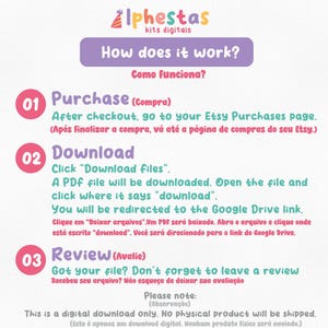 May include: A digital download guide with the title "How does it work?" in English and Portuguese. The guide outlines the steps: Purchase, Download, and Review. The text is in a playful font with a purple and pink color scheme.