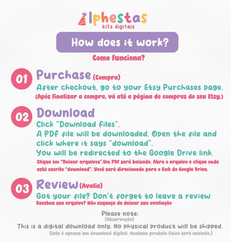 May include: A digital download guide with the title "How does it work?" in English and Portuguese. The guide outlines the steps: Purchase, Download, and Review. The text is in a playful font with a purple and pink color scheme.