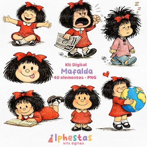 Può includere: Illustrazioni digitali di Mafalda, un personaggio dei fumetti, in varie pose. Ha capelli neri, un fiocco rosso e un vestito rosso. L'immagine include il testo "Kit Digital Mafalda 40 elementos - PNG".