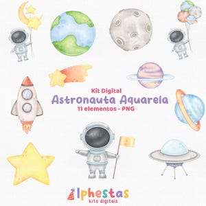 May include: Watercolor illustrations of space-themed elements, including an astronaut, planets, a rocket, a shooting star, and a UFO. The text "Astronauta Aquarela" and "11 elementos - PNG" are also present.