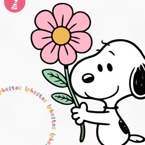 May include: A cartoon illustration of a white dog holding a large pink flower with a yellow center. The dog has black ears and spots. The word "Iphestas" is written in a rainbow arc.