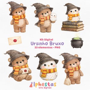 Puede incluir: Ilustraciones en acuarela de un oso, un búho y otros elementos, todos vestidos de magos. El oso y el búho llevan sombreros y bufandas de mago. La imagen incluye un caldero, libros y un sobre. El texto dice "Kit Digital Ursinho Bruxo 33 elementos - PNG".