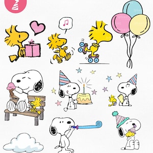 May include: A collection of cartoon illustrations featuring Snoopy and Woodstock celebrating with gifts, balloons, cake, and party hats. The images are in a playful style with bright colors and a festive theme.