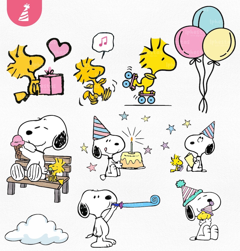 May include: A collection of cartoon illustrations featuring Snoopy and Woodstock celebrating with gifts, balloons, cake, and party hats. The images are in a playful style with bright colors and a festive theme.