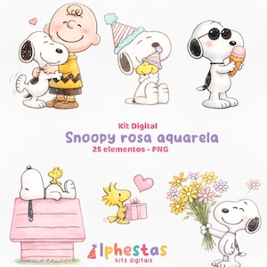 Puede incluir: Ilustraciones en acuarela de Snoopy y sus amigos en varias poses. Snoopy se muestra abrazando a Charlie Brown, usando un gorro de fiesta y sosteniendo un cono de helado. Otras imágenes incluyen a Snoopy en su caseta y a Woodstock con un regalo.