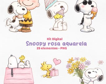 Snoopy Pink Watercolor Digital Kit PNG, Snoopy Watercolor Clipart, Peanuts PNG