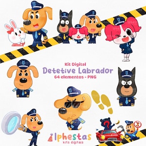 May include: A digital kit featuring cartoon Labrador detective characters in police uniforms. The illustrations include various poses, a magnifying glass, footprints, and a red car. Text reads "Kit Digital Detetive Labrador 64 elementos - PNG".