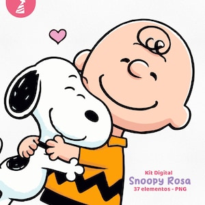 May include: A digital illustration of Charlie Brown hugging Snoopy. Charlie Brown is wearing an orange shirt with a black zig-zag pattern. Snoopy is white with black ears and spots. A pink heart floats above them. Text reads "Kit Digital Snoopy Rosa".