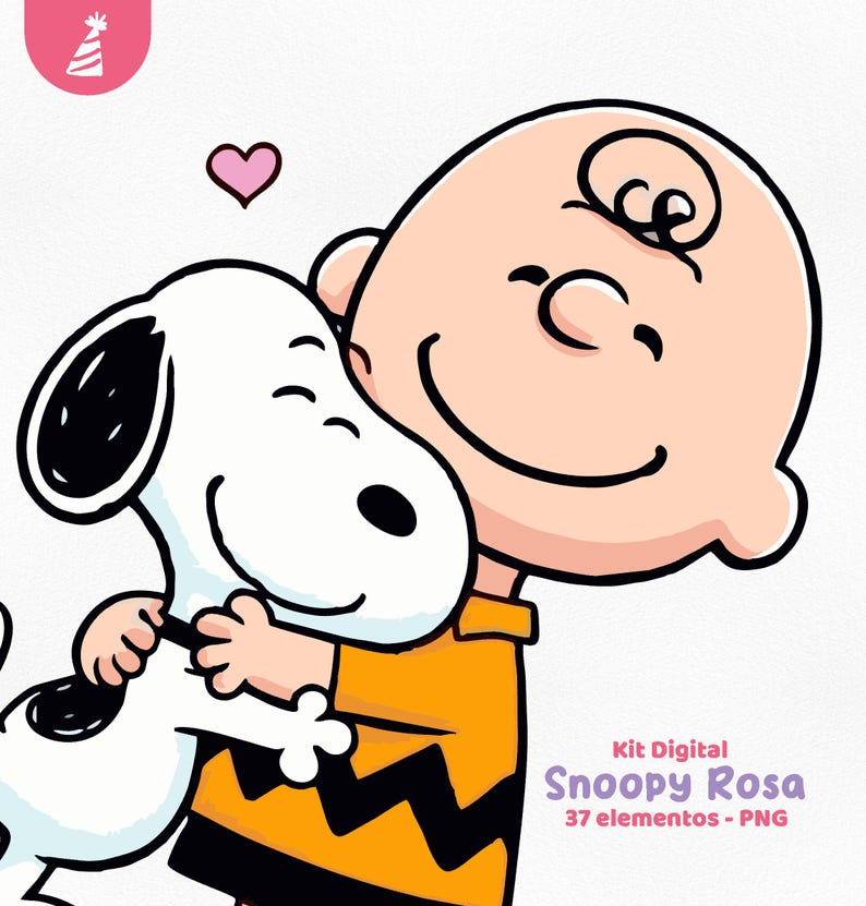 May include: A digital illustration of Charlie Brown hugging Snoopy. Charlie Brown is wearing an orange shirt with a black zig-zag pattern. Snoopy is white with black ears and spots. A pink heart floats above them. Text reads "Kit Digital Snoopy Rosa".