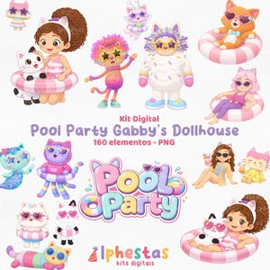 Puede incluir: Un kit digital con ilustraciones de personajes de Gabby's Dollhouse y gatos disfrutando de una fiesta en la piscina. La imagen incluye el texto "Pool Party Gabby's Dollhouse" y "160 elementos - PNG". Las ilustraciones son coloridas y caprichosas.