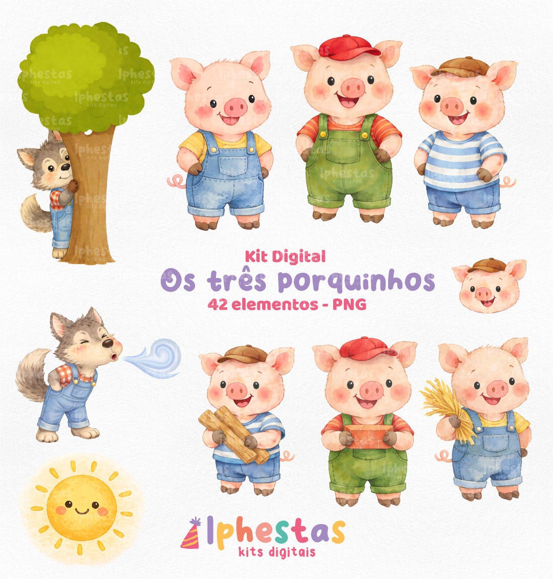 Digital Kit of the Three Little Pigs Watercolor, Clipart of the Three ...