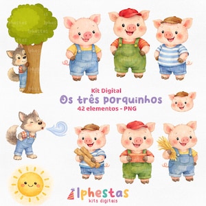以下が含まれることがあります： 水彩デジタルアートセット。オーバーオールと帽子をかぶった3匹の豚、オオカミ、木、笑顔の太陽のイラストが特徴です。「Kit Digital Os três porquinhos 42 elementos - PNG」というテキストも含まれています。