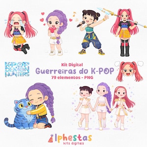 May include: Digital illustration of cartoon characters with pink, purple, and black hair. The characters are in various poses, some holding objects. Text includes "K-Pop Demon Hunters" and "Guerreiras do K-Pop". The image also includes the text "79 elementos - PNG".