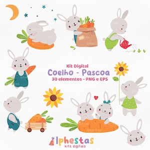Pode incluir: Um kit digital com coelhos de desenho animado em várias poses. Os coelhos são cinzentos com detalhes em rosa, interagindo com cenouras, girassóis e regando plantas. O texto "Coelho - Pascoa" é visível.
