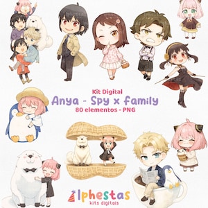以下が含まれることがあります： 「SPY×FAMILY」のキャラクターが登場するデジタルアート。アーニャ、ロイド、ヨル、ボンド・フォージャーの複数のちびキャラ風イラストが含まれています。「Anya - Spy x Family」と「80 elementos - PNG」の文字も表示されています。
