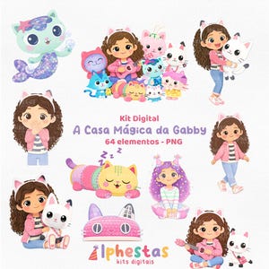 Könnte beinhalten: Digitales Kunstset mit Gabby und verschiedenen Katzenfiguren in einem farbenfrohen Cartoon-Stil. Das Bild zeigt eine Meerjungfrauenkatze, Gabby mit einer Ukulele und Gabby mit einer weißen Katze. Der Text lautet "A Casa Mágica da Gabby".