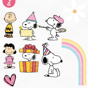May include: A collection of cartoon illustrations featuring Snoopy and other Peanuts characters. Snoopy is depicted in various poses, including wearing a party hat, holding a paintbrush, and popping out of a gift box. Other characters include Charlie Brown and Lucy.