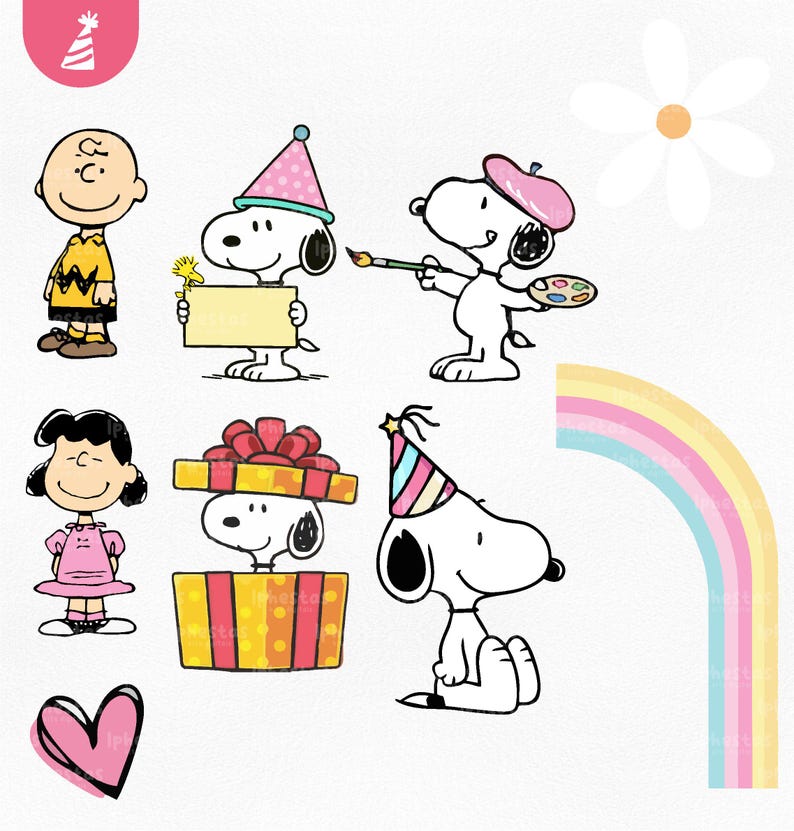 May include: A collection of cartoon illustrations featuring Snoopy and other Peanuts characters. Snoopy is depicted in various poses, including wearing a party hat, holding a paintbrush, and popping out of a gift box. Other characters include Charlie Brown and Lucy.