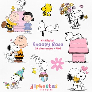 May include: A digital kit featuring Snoopy and Woodstock characters in various poses. The illustrations include Snoopy with flowers, hugging Charlie Brown, and on top of his doghouse. The text reads "Kit Digital Snoopy Rosa 37 elementos - PNG".