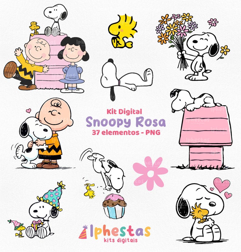 May include: A collection of Snoopy and Woodstock illustrations in various poses. Snoopy is shown with Charlie Brown, Lucy, and holding flowers. The phrase "Kit Digital Snoopy Rosa" is displayed with the number of elements.