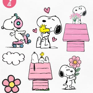 May include: A collection of Snoopy illustrations in various poses. Snoopy is shown skateboarding, hugging Woodstock, holding flowers, and on top of his doghouse. The images are in black, white, pink, yellow, and blue.