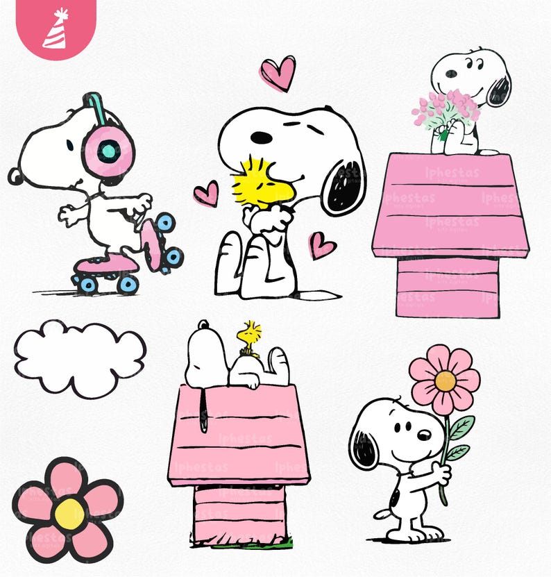 May include: A collection of Snoopy illustrations in various poses. Snoopy is shown skateboarding, hugging Woodstock, holding flowers, and on top of his doghouse. The images are in black, white, pink, yellow, and blue.
