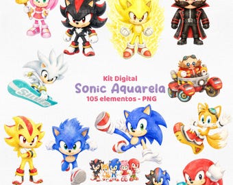 Sonic Clipart & Digital Paper Pack • Sonic Cute • Sonic Watercolor Cute • PNG • Watercolor Cliparts • Instant Download • Sonic Digital Kit
