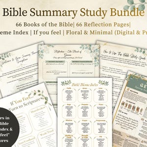 May include: A digital and printable Bible study bundle featuring 66 books, reflection pages, a theme index, and "If you feel" scriptures. The design is floral and minimal, with a soft colour palette. The bundle contains 141 pages in total.