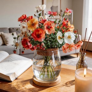 Puede incluir: Un jarrón de cristal con tapa de corcho contiene un vibrante ramo de flores naranjas, rojas y blancas. El jarrón está grabado con el nombre "Ashley" y "Happy Mother's Day". Se encuentra sobre un posavasos de madera en una mesa de madera.