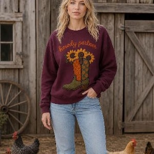 Herfsttrui | Howdy Partner Western sweatshirt | Zonnebloemquiltprint | Comfortabele top met ronde hals