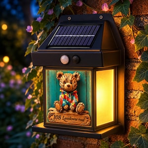 May include: A black solar-powered wall light featuring a textured teddy bear wearing a colourful geometric patterned hoodie. The bear sits above a wooden sign with the text 108 Lansdowne road. The light emits a warm glow from the side panels.