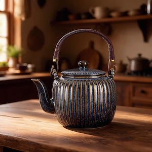Può includere: Una teiera in ceramica con un motivo a righe verticali blu e oro. La teiera ha un manico intrecciato marrone scuro e un coperchio abbinato. Il beccuccio e la base sono blu scuro. La teiera è su una superficie di legno.