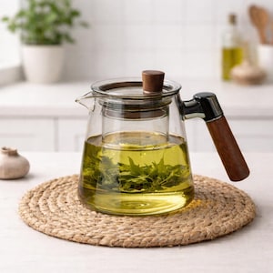 May include: A glass teapot with a wooden handle and lid, containing green tea and tea leaves. The teapot rests on a round, woven placemat. The handle is dark wood and chrome. The tea is a light yellow-green colour.