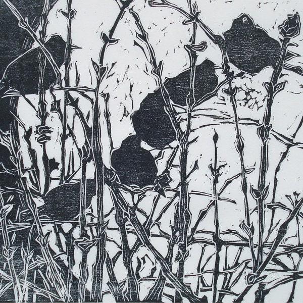 Winter Birds, woodblock print