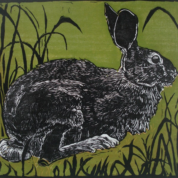 Rabbit in the Grass, woodcut