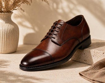 Handmade Brown Leather Oxford Shoes for Men | Classic Cap Toe Dress Shoes | Formal Wedding & Office Shoes | Luxury Minimalist Footwear