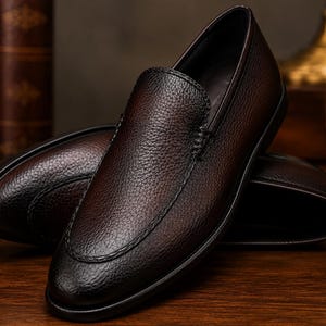 May include: A pair of dark brown loafers featuring a textured, pebbled leather upper with visible stitching along the vamp. The shoes have a rounded toe, a low-profile silhouette, and a smooth, dark sole, presenting a clean and simple design.