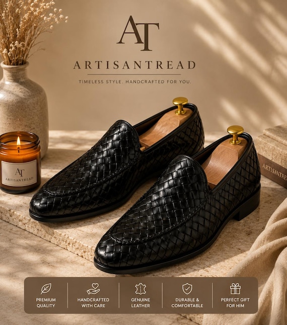 Handmade Men’s Luxury Loafers Black Genuine Leather Woven Formal Shoes for Weddings