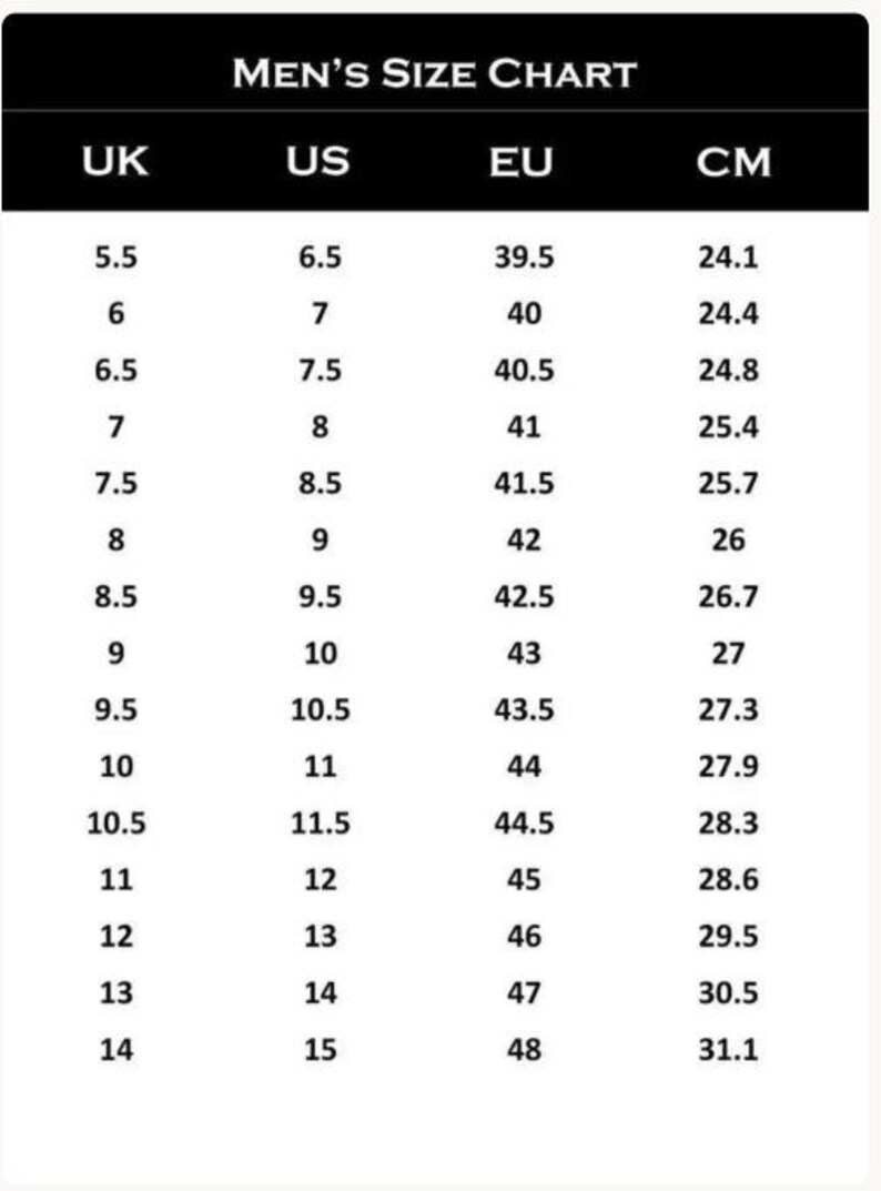 Puede incluir: Tabla de tallas de zapatos para hombre con medidas del Reino Unido, EE. UU., UE y CM. Las tallas van desde la UK 5.5 (EE. UU. 6.5, UE 39.5, 24.1 cm) hasta la UK 14 (EE. UU. 15, UE 48, 31.1 cm).