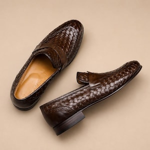 Handmade Braune gewebte Leder Loafers Herren | Luxus Slip-On Penny Loafer | Business Hochzeitsschuhe