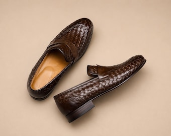 Handmade Brown Woven Leather Loafers Men | Luxury Slip-On Penny Loafers | Business Wedding Dress Shoes