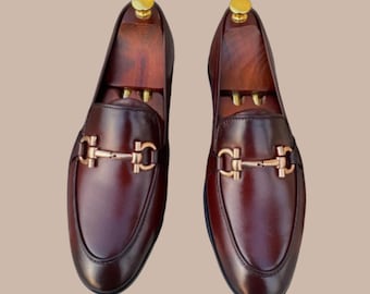 Mocasines de cuero marrón hechos a mano para hombre con detalle de herradura / Zapatos de vestir a medida, calzado para bodas
